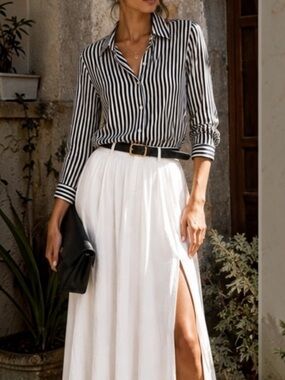 Cavanagh Baker 100% Silk NWT Black White Striped Button Front Blouse
